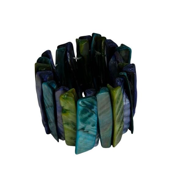 Lot Of 2 Vtg MOP Abalone Seashell Bracelet Silver-tone & Multicolor Dyed Stretch - Picture 6 of 7
